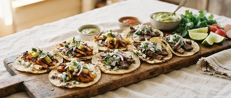 Orden de tacos mexicanos al pastor y res asada servidos en tabla en El Puerto San Jorge