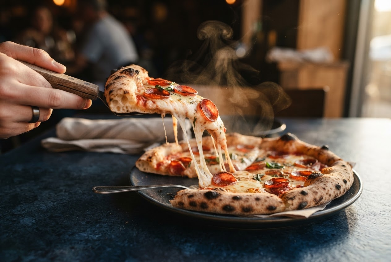 Porción de pizza pepperoni de El Puerto San Jorge con queso derretido