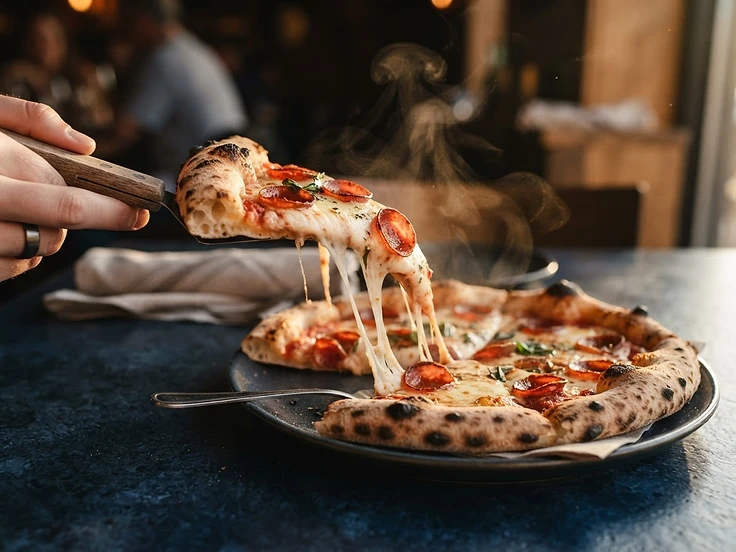 Porción de pizza pepperoni de El Puerto San Jorge con queso derretido