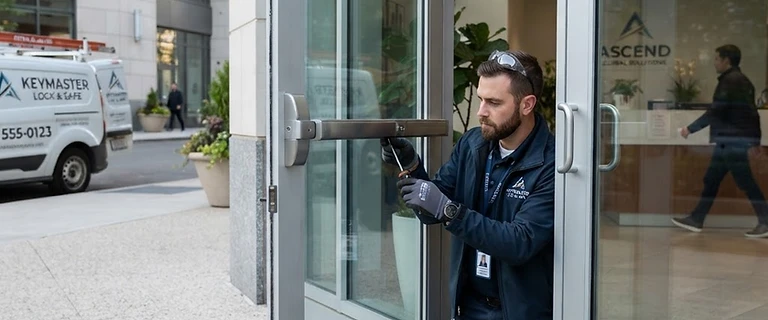 Locksmith servicing a commercial storefront door in Centennial, Colorado