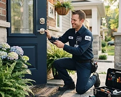 Locksmith installing a deadbolt at a home in Centennial, CO