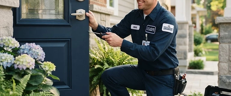 Locksmith installing a deadbolt at a home in Centennial, CO