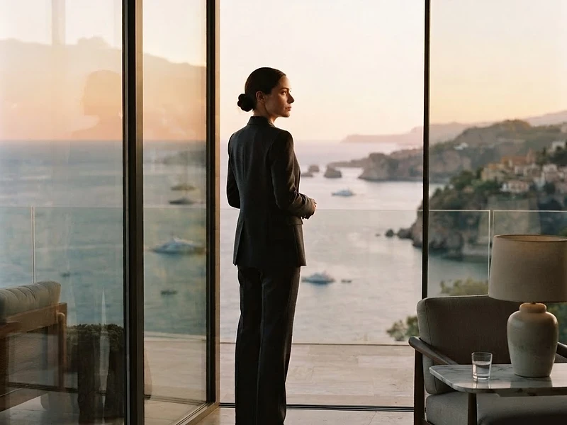 A person looking out at the Sicilian sea from a glass retreat at golden hour