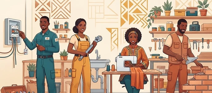 Artisans sénégalais : électricien, plombier, couturière et maçon à l'ouvrage