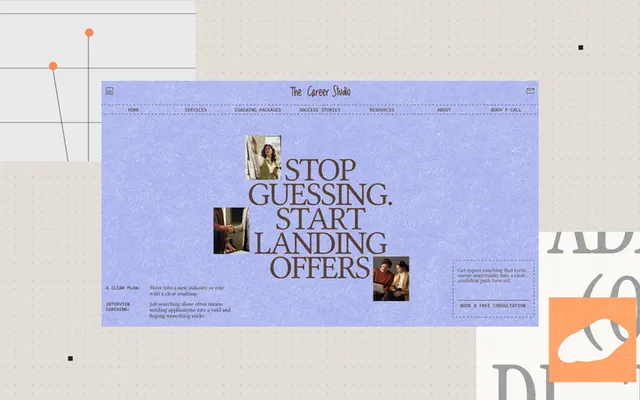 A lavender website homepage for a coaching business called The Career Studio, with the headline 'Stop guessing. Start landing offers', small photos of people at work and a book-a-call panel, set on a light dotted background.