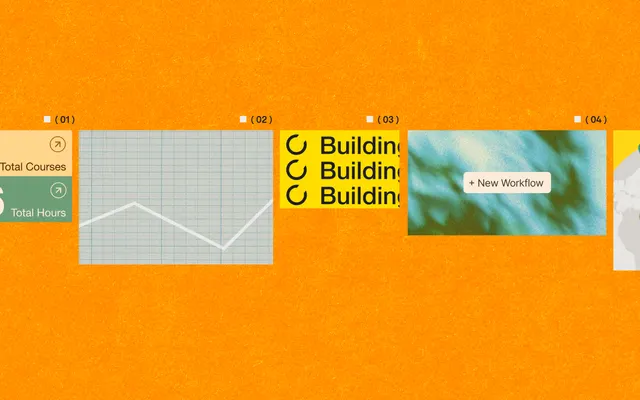 A row of numbered app panels on a bright orange textured background: Total Courses and Total Hours stat cards, a line chart on graph paper, a yellow card repeating 'Building', a '+ New Workflow' button over a blurred green image, and a map with location pins.