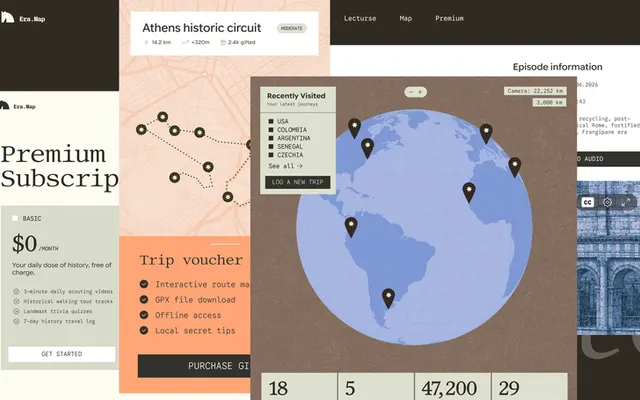 Collage of screens from a travel history app called Era.Map: a premium subscription page with a $0 basic plan, an orange trip voucher card, an Athens historic circuit route map, a blue globe with location pins and a recently visited list, and an episode page.