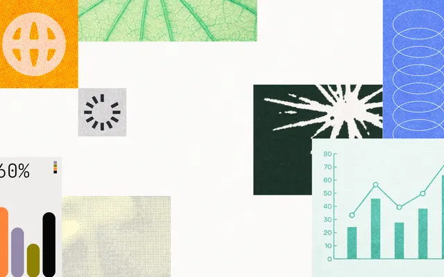 Collage of textured tiles on a light background: an orange tile with a white globe icon, a green leaf close-up, a loading spinner, a 60% bar chart, a dark green tile with a white starburst, a blue tile with stacked rings and a green bar and line growth chart.