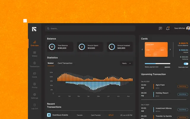 A dark finance dashboard on a bright orange textured background, with balance, spending and investment cards, a yearly statistics bar chart, a payment card panel and lists of recent and upcoming transactions.