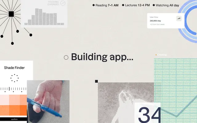 Collage on a light textured background around the words 'Building app...' with a loading spinner: a bar chart card, a User Flow stat card, an orange Shade Finder palette, a hand holding a blue pen, a halftone photo, a large number 34 and a green grid chart.