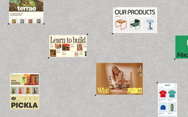 Website and app screens scattered on a light grey textured background: a 'Learn to build' workshop schedule with dates, an 'Our products' furniture store, a woodworking course page, a Pickla food brand page, a Terrae growers page and a Merch shop grid.