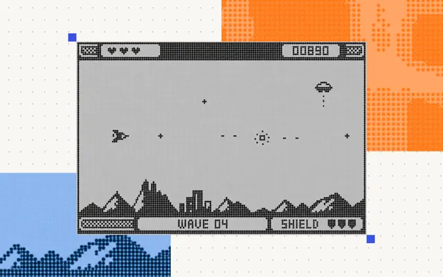 Retro pixel-art space shooter showing a spaceship, UFOs, projectiles, mountains, score, wave number, and shield icons.