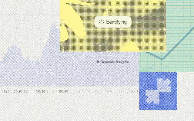 Halftone collage on a light textured background: a pale blue area chart over a timeline, a yellow panel with an 'Identifying' loading label, a 'Generate Insights' tag, a green grid with a line chart, and a blue square with a white abstract shape.