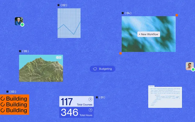 Numbered app panels scattered on a bright blue textured background: a line chart on graph paper, an orange card repeating 'Building', a '+ New Workflow' button, a 3D terrain map, a 'Budgeting' tag, a code snippet, stat tiles and two teammate avatars.