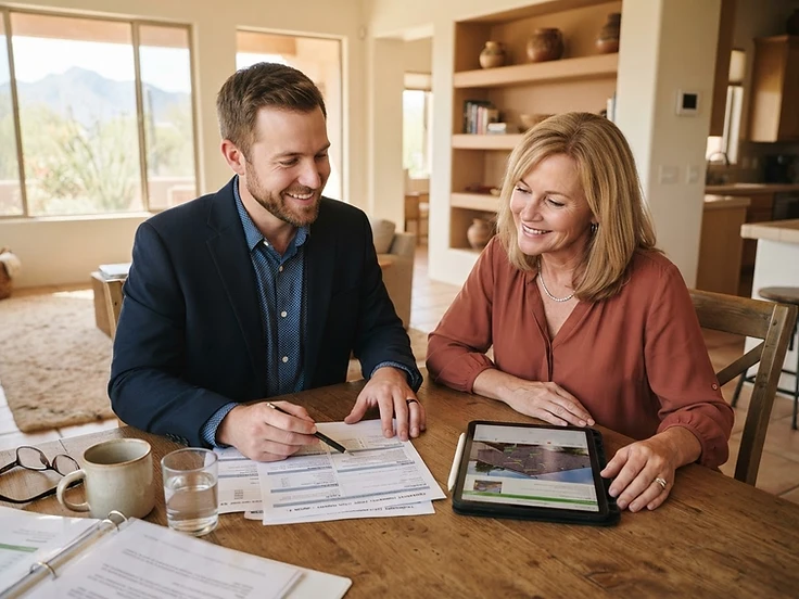 Real estate agent working with a client reviewing documents
