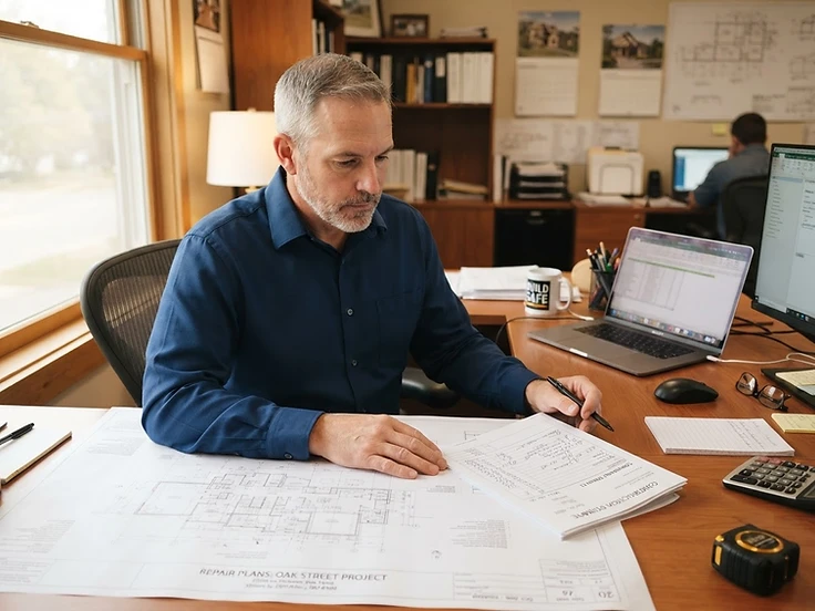 BINSR PROS estimator reviewing repair plans and an estimate
