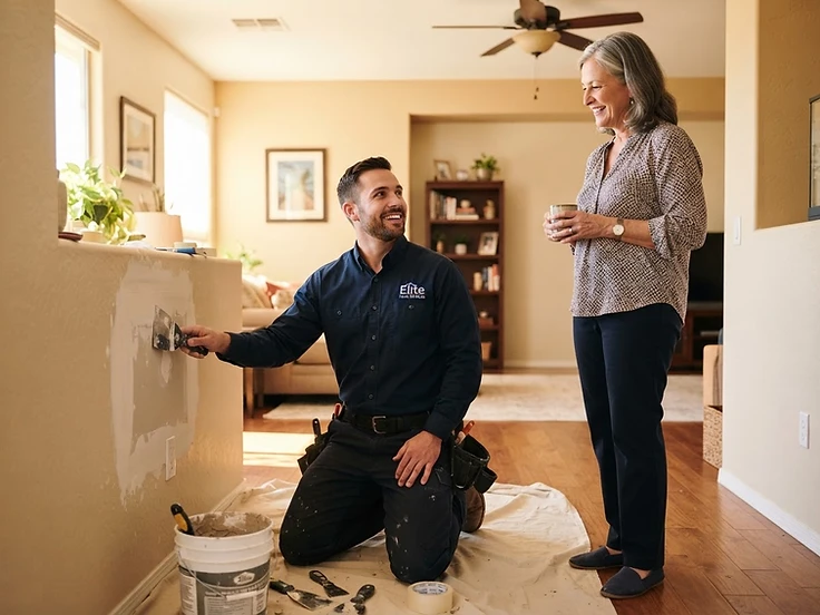 Professional contractor completing a residential repair with a homeowner