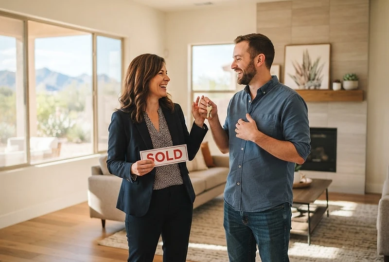 Real estate agent and client looking relieved and confident
