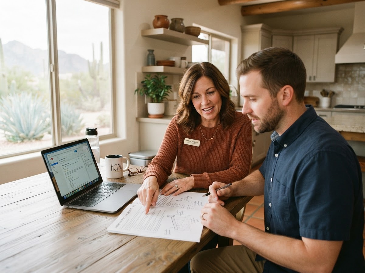 Arizona real estate agent reviewing an inspection report with a client