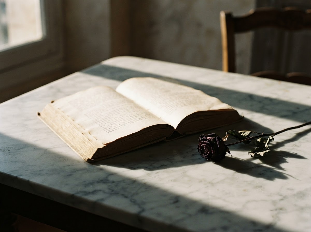 An open book on a marble table with soft afternoon shadows