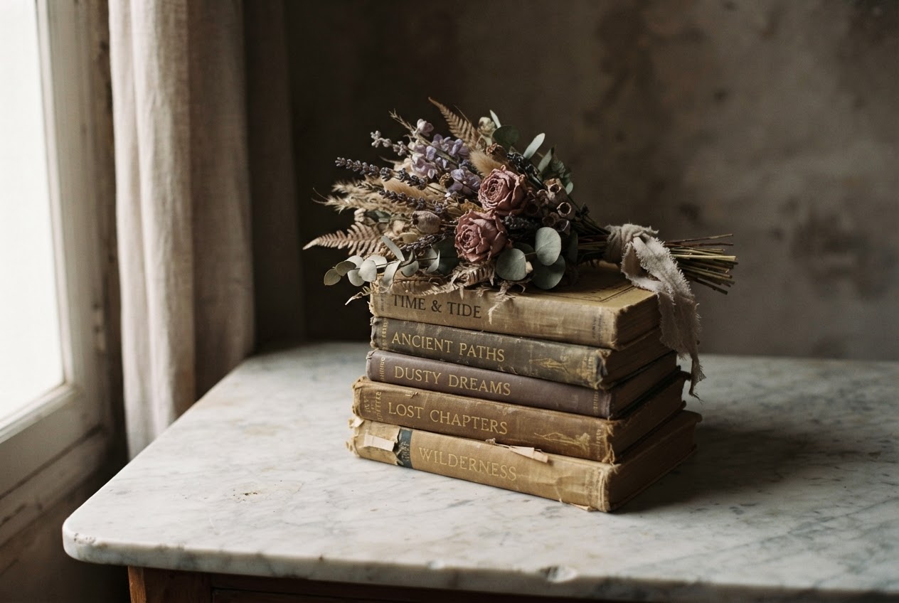 Worn books with dried flowers on a marble surface in soft shadow