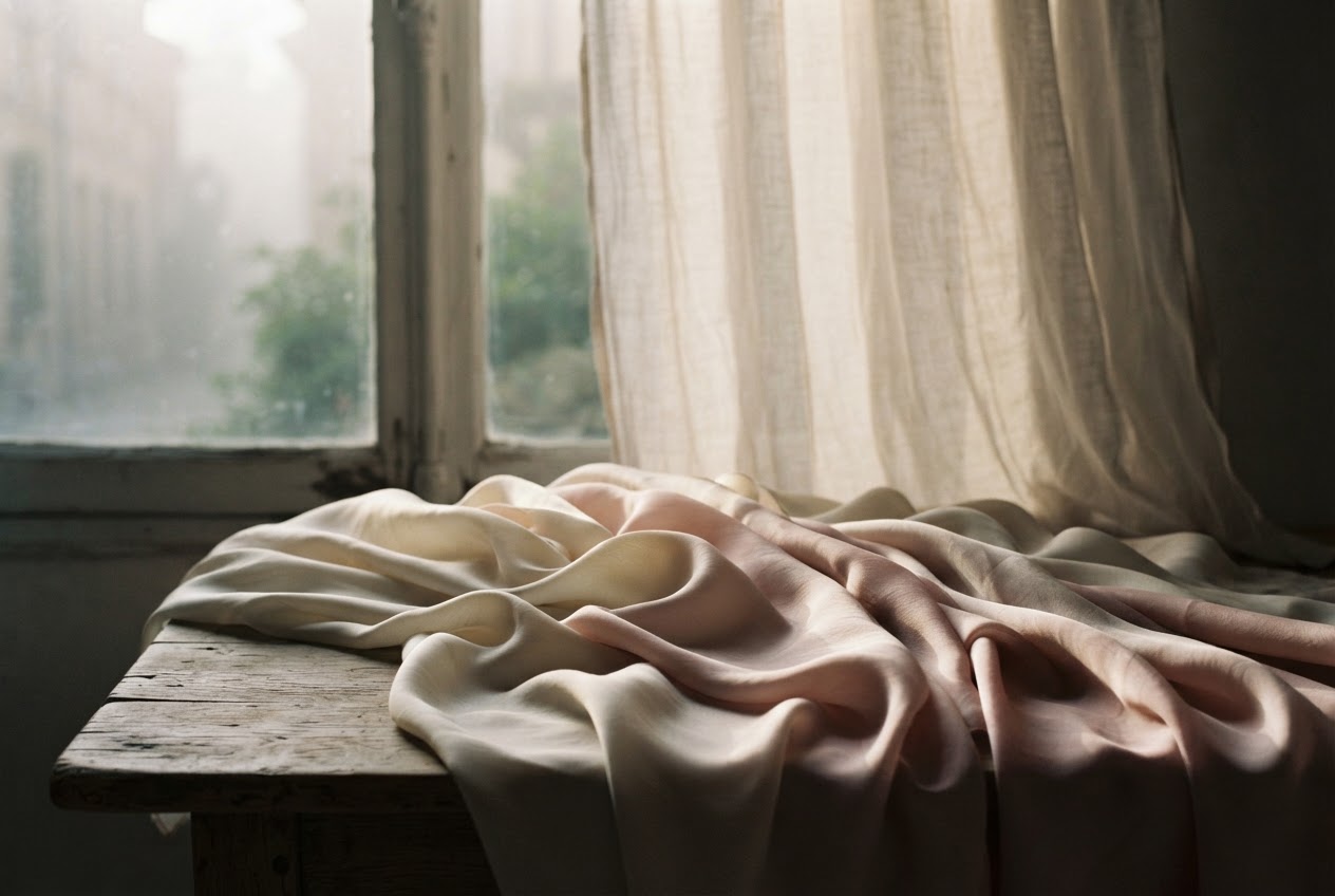 Soft directional light filtering through sheer linen onto draped silk