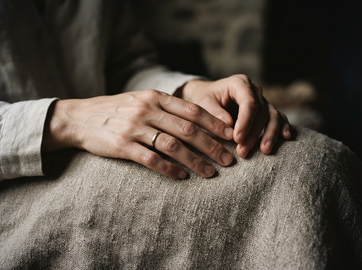 A woman's hands resting gently on a linen surface in soft light