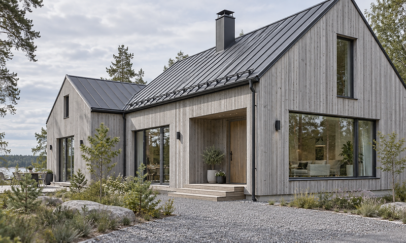 Ljusgrå träpanelvilla med svart plåttak och stora fönster