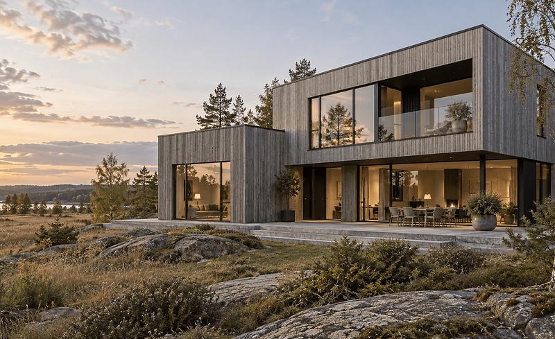 Arkitektritat lösvirkeshus i ljus träpanel vid skymning mot vatten