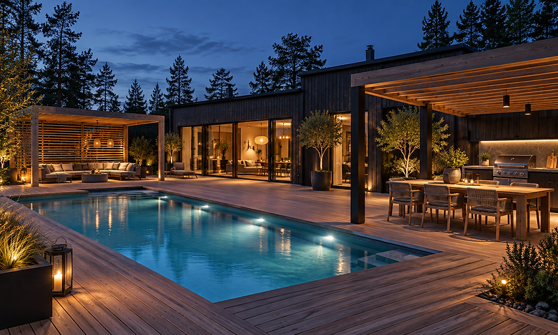 Mörk trävilla med stor uteplats, pool och utemöbler i skymning