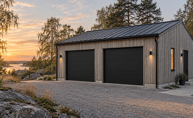 Fristående dubbelgarage i träpanel vid skymning mot vatten
