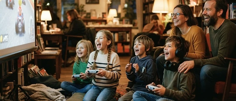 Gaming Lounge bei Nacht in der Bibliothek