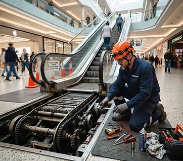 Escalator step band servicing in a mall