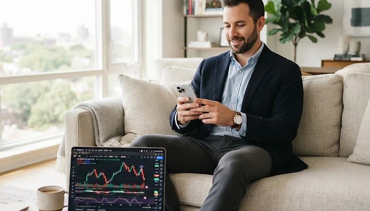 Person following their work routine while MetaTrader trades on the monitor beside them