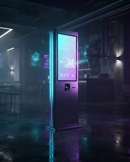 Totem de autoatendimento monolítico com tela vertical em ambiente de restaurante iluminado por neon