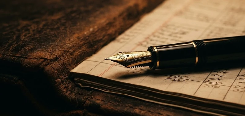 Leather-bound ledger and fountain pen on dark wood desk