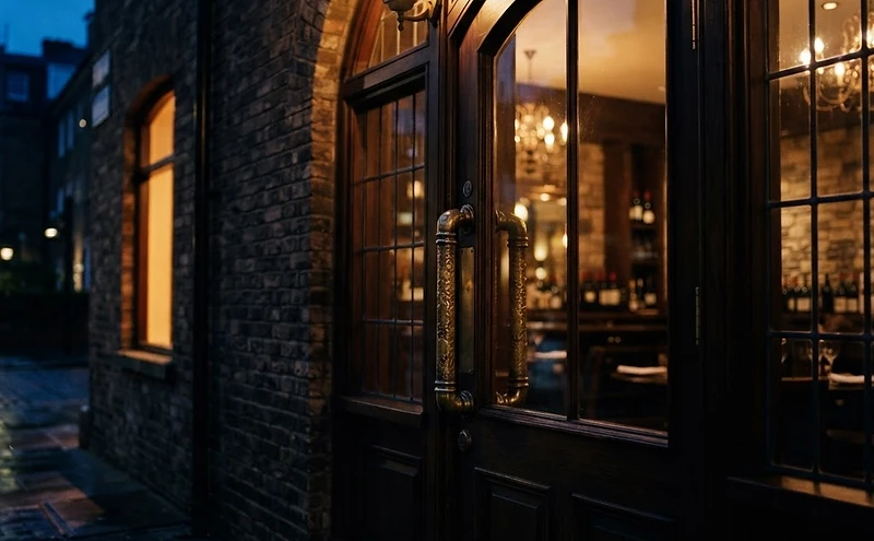 Upscale restaurant facade at dusk with brass door handle