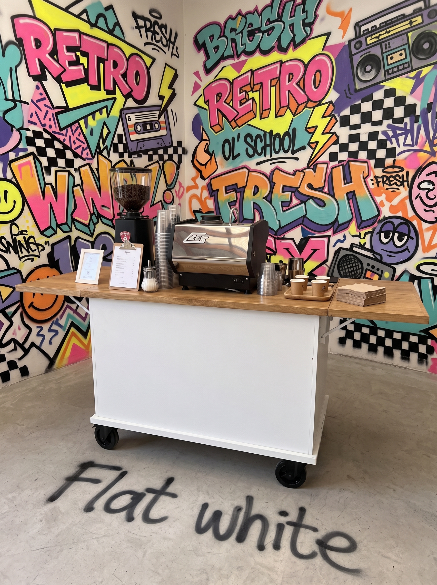 Flat White branded coffee cart at a brand activation