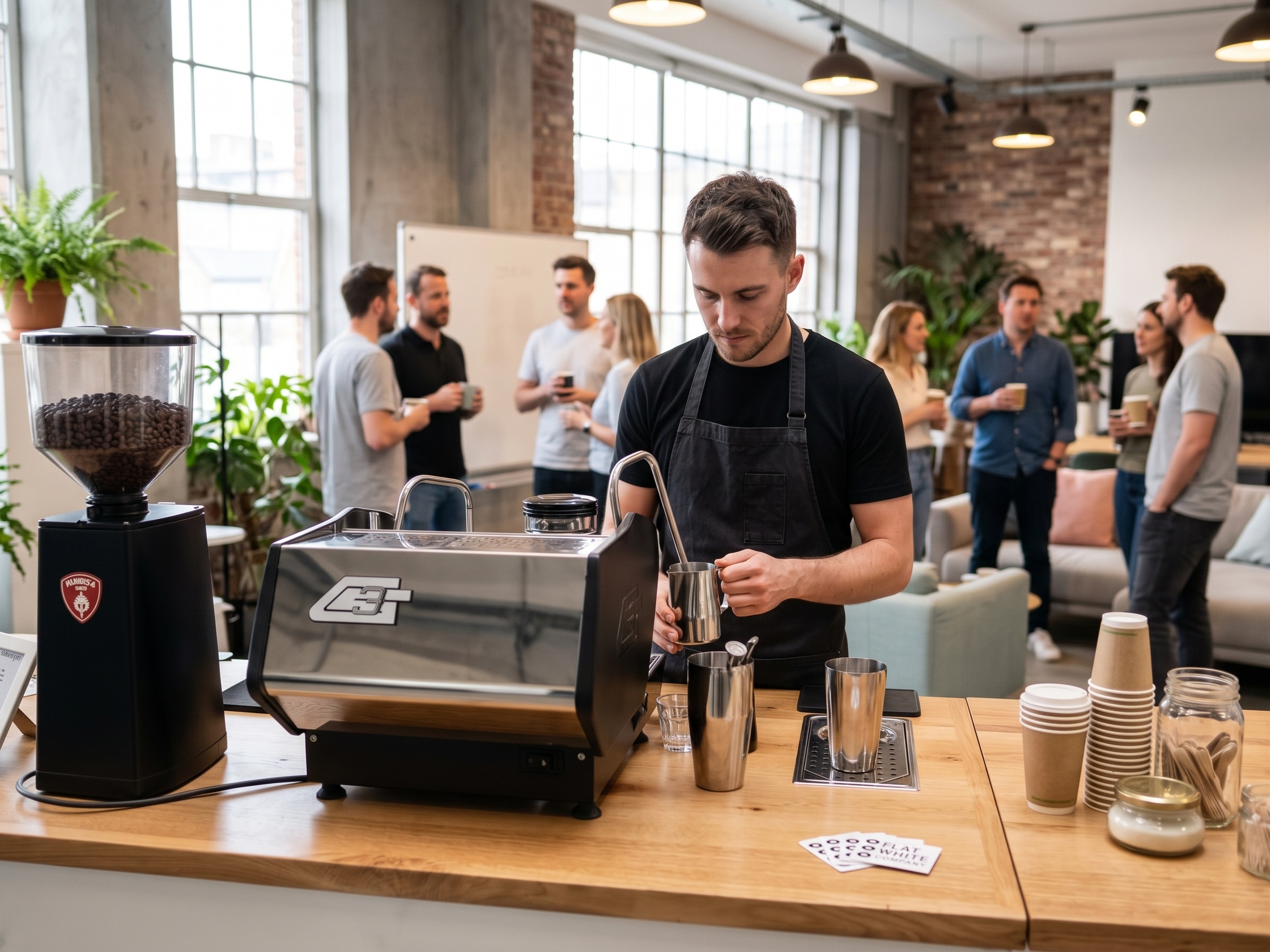 Flat White barista serving coffee at a corporate event