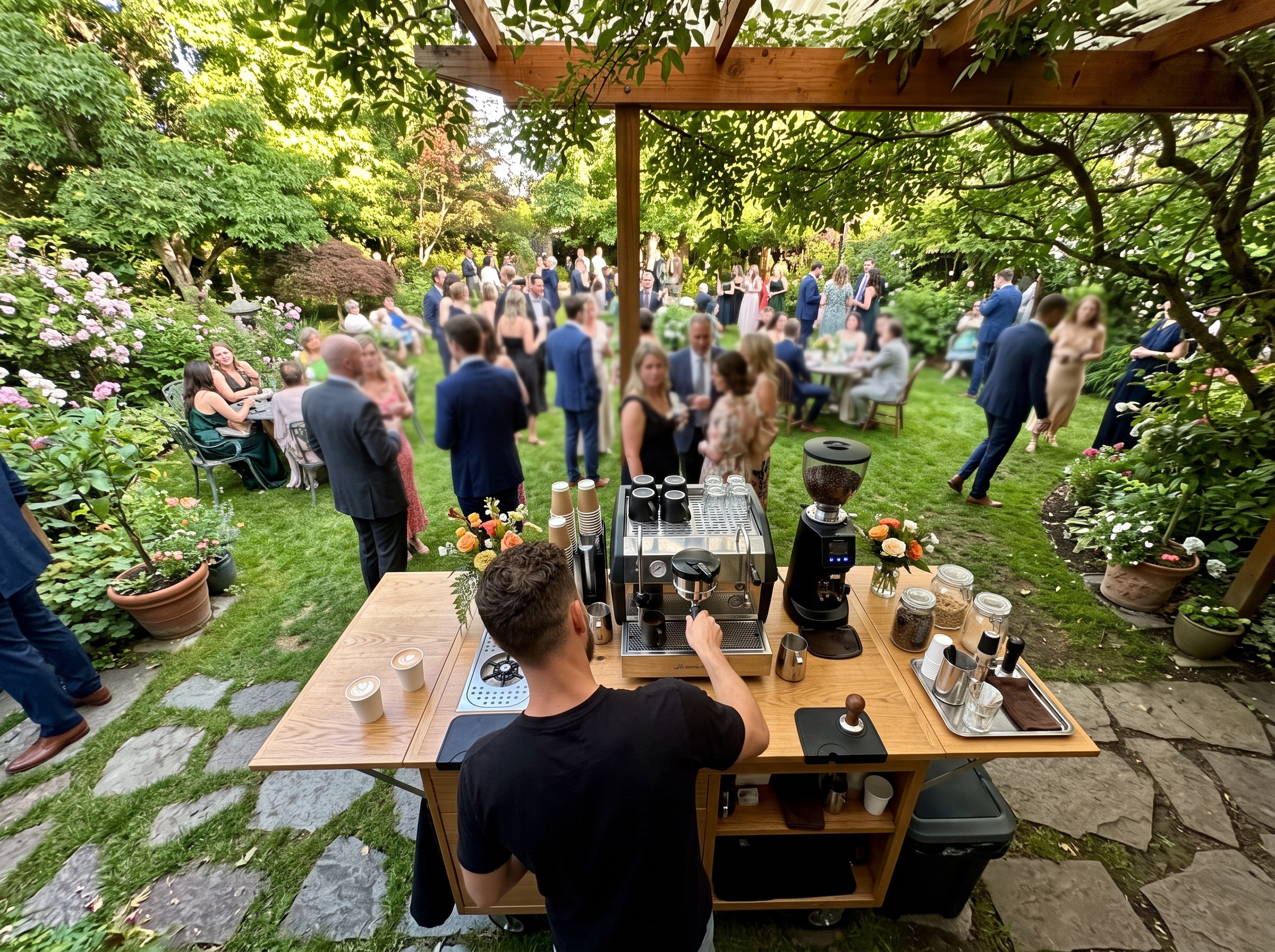 Flat White coffee cart at a garden wedding
