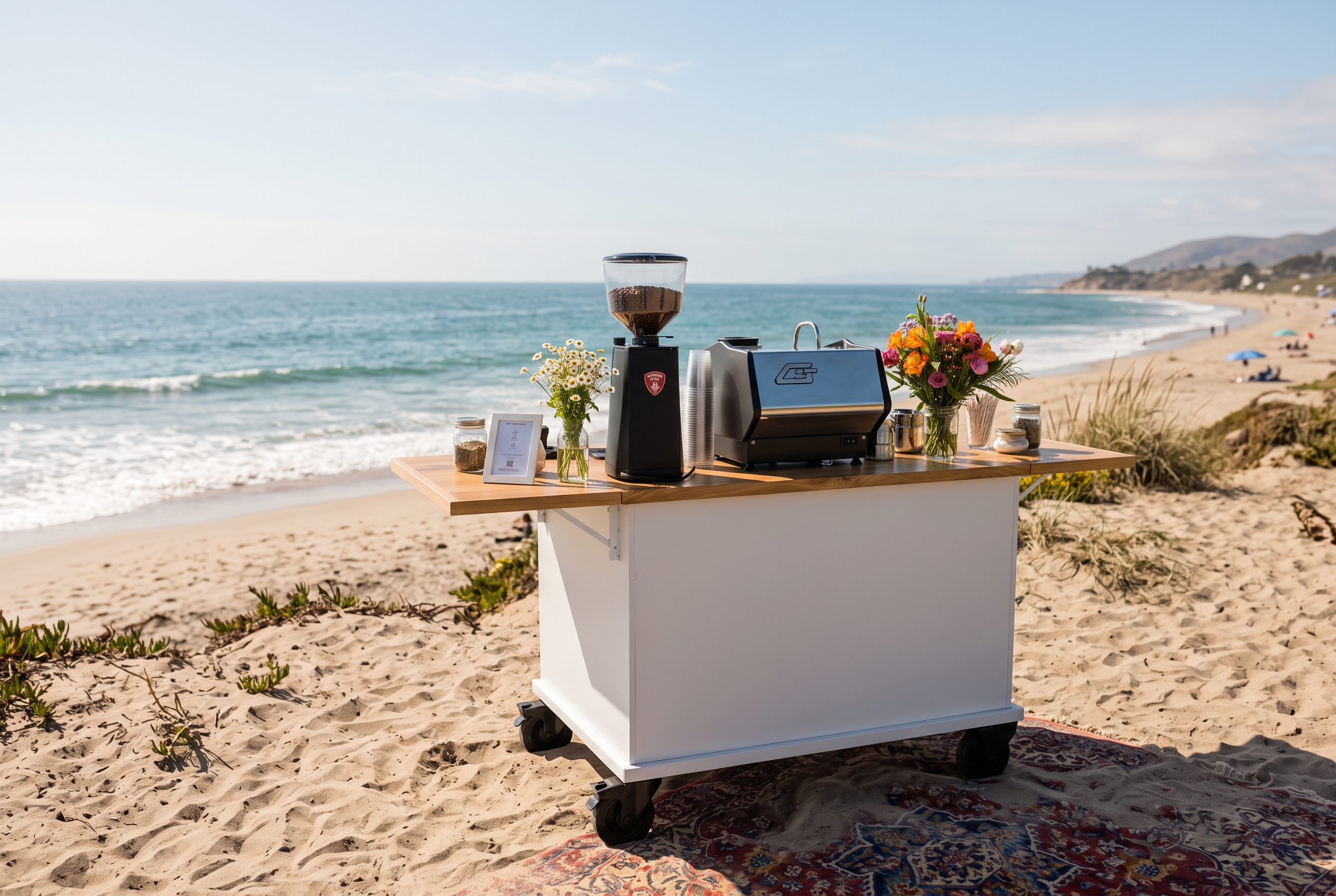 Flat White coffee cart at a private beach celebration