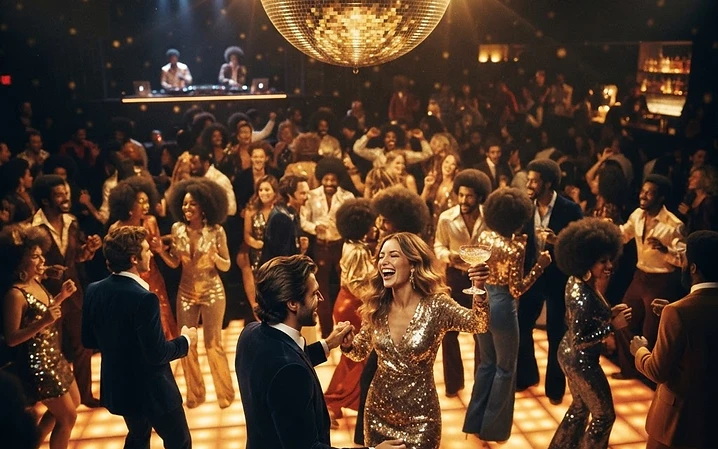 Discofeest met spiegelbol en gouden licht