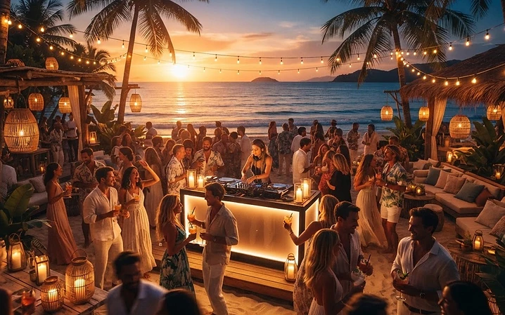 Beach club feest bij zonsondergang