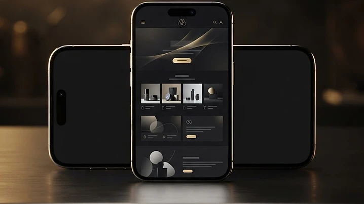 Modern smartphone displaying a responsive website with warm golden lighting on a dark background