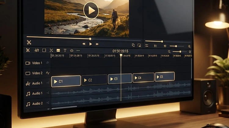 Video editing timeline interface on a dark screen with golden play buttons and clip elements