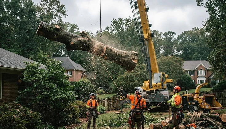 Crane-assisted tree removal in Charlotte NC by KSOR Tree Service