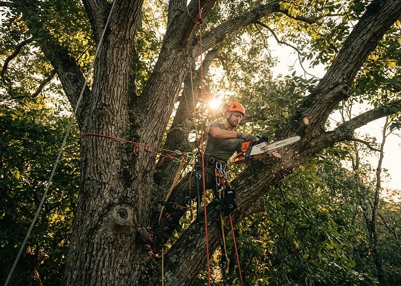 KSOR Tree Service professional crew member working high in a large Charlotte oak tree