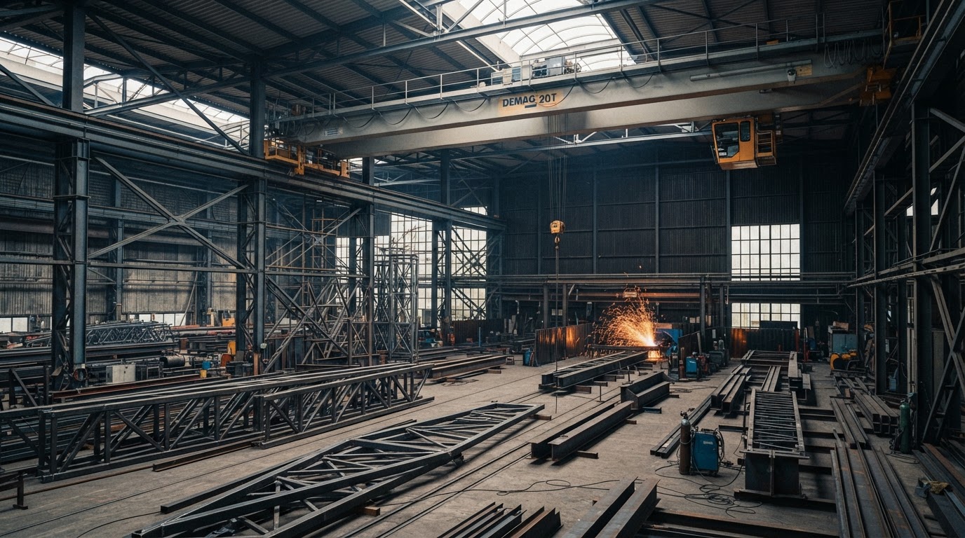 AVECS Corporation steel fabrication facility with overhead crane and tower sections