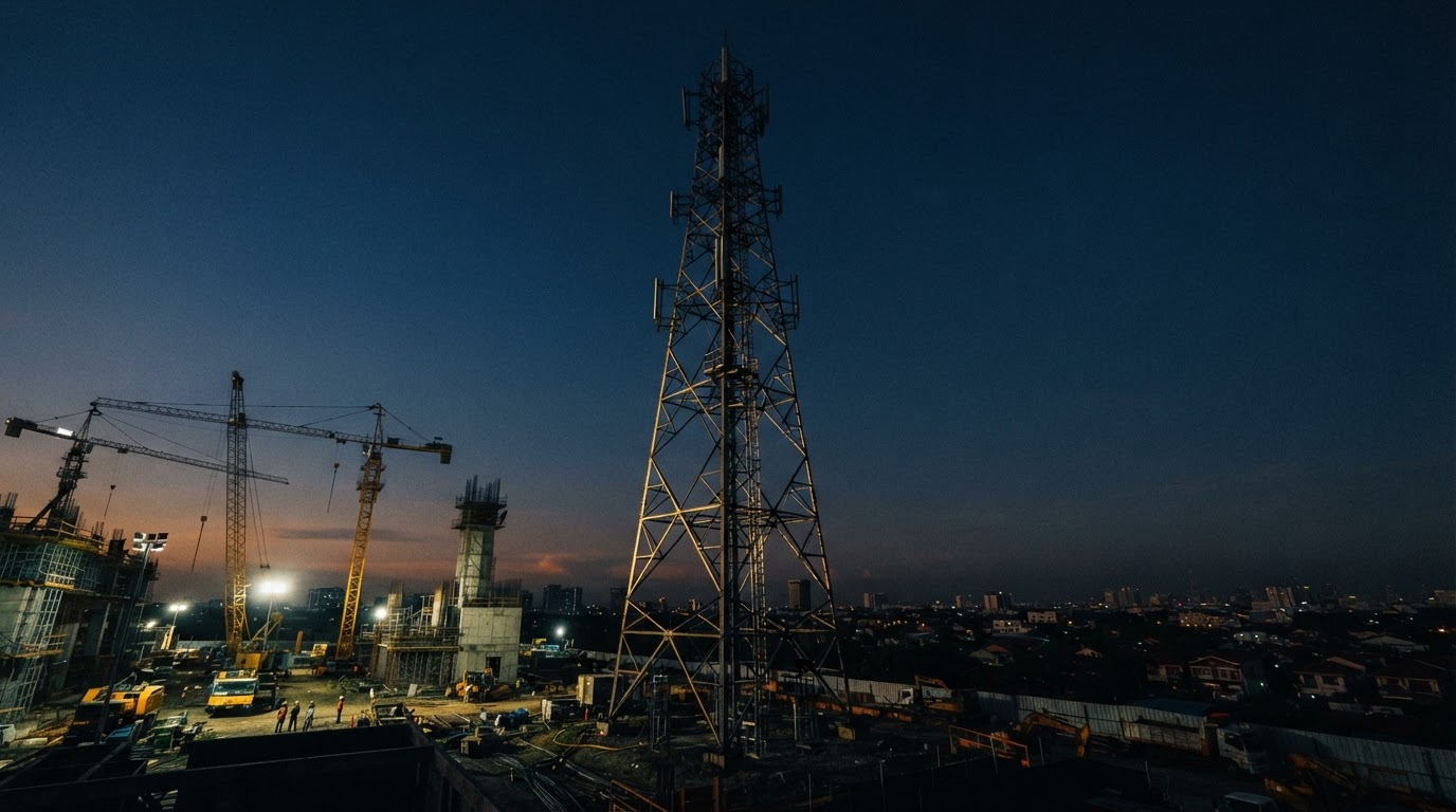 AVECS Corporation telecommunications steel tower at dusk, Philippine infrastructure