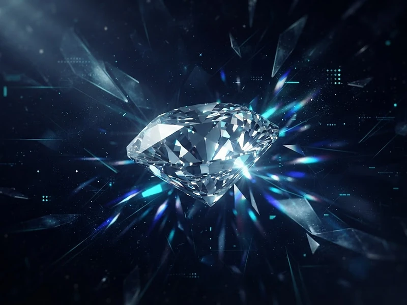A perfectly cut diamond refracting light into a digital spectrum